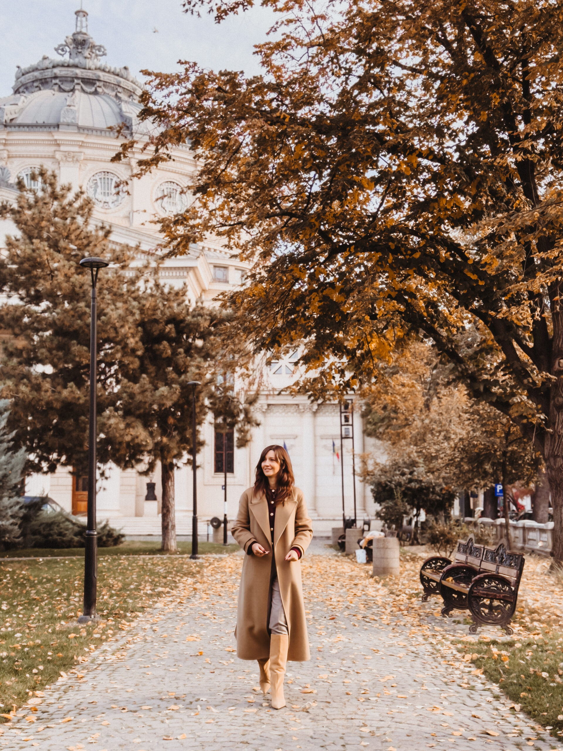 Autumn view of the Romanian Athenaeum gardens in Bucharest, Romania